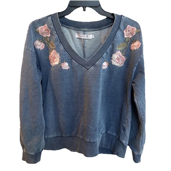 Billy T Vneck Sweatshirt Rose Embroidered Stretch Denim Sz Small - Picture 4 of 9